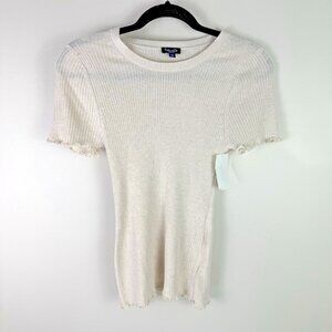 Splendid Ribbed Knit Cream Short Sleeve Top M Lettuce Hem Minimal Chic